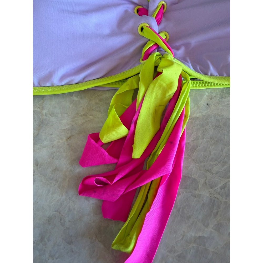 NWT BCBGeneration Lavender Neon Pink Lime Lace Up Bikini Top Medium *Read - Picture 5 of 5